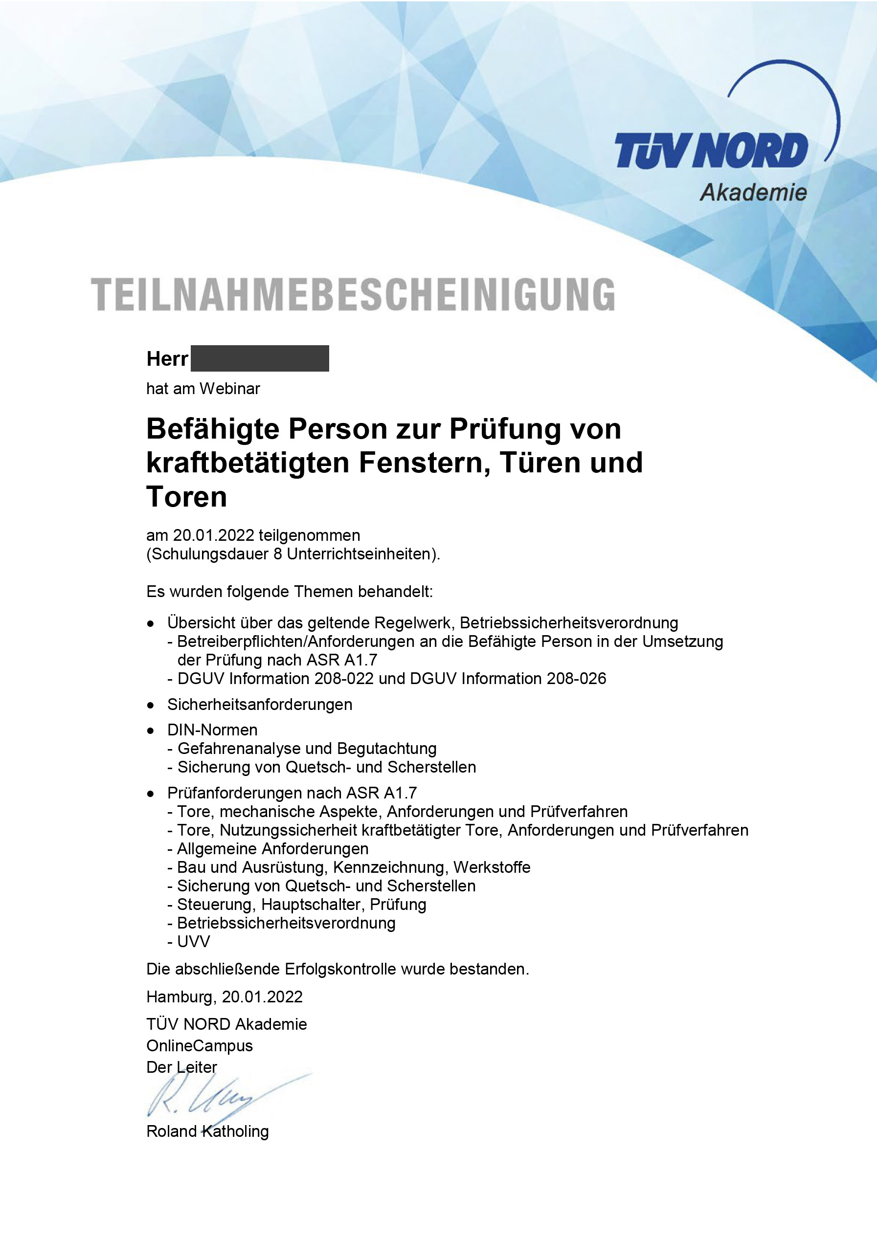 Teilnahmebescheinigung TÜV Nord Akademie